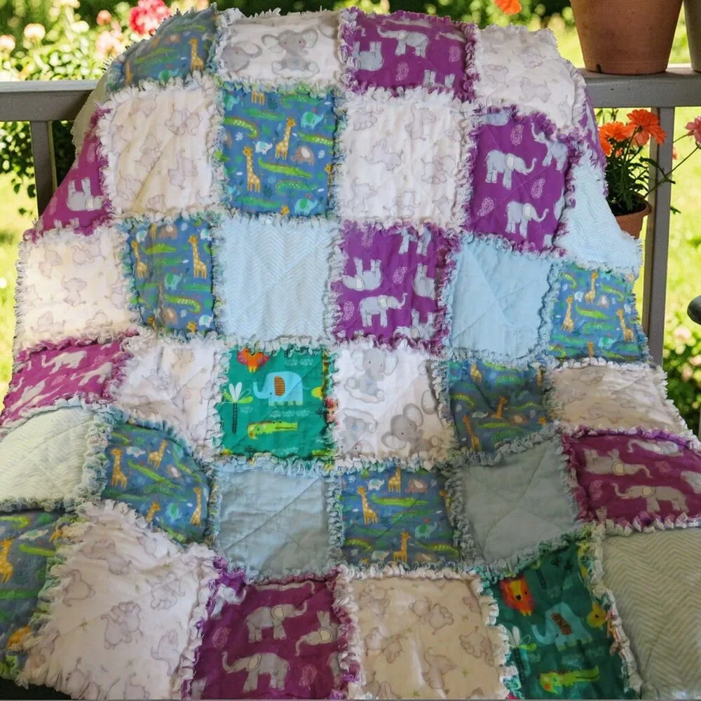 Flannel Rag Quilt With Batting 43 x 43,  Elephants, Zebras, and Jungle Animals